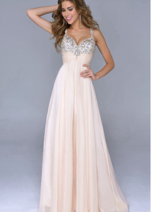 Spaghetti Straps Beaded Ruched Chiffon Elegant Long Prom Dress